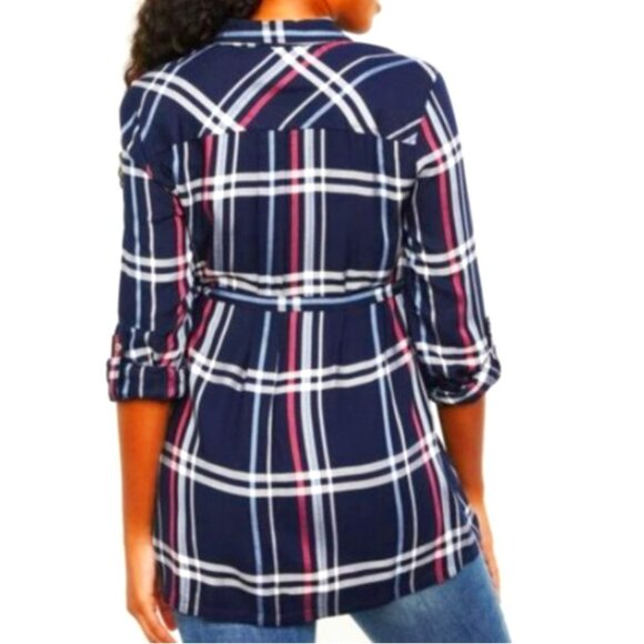 Motherhood Maternity Navy Plaid Button Down Flannel Tunic, S NWT - Picture 2 of 7